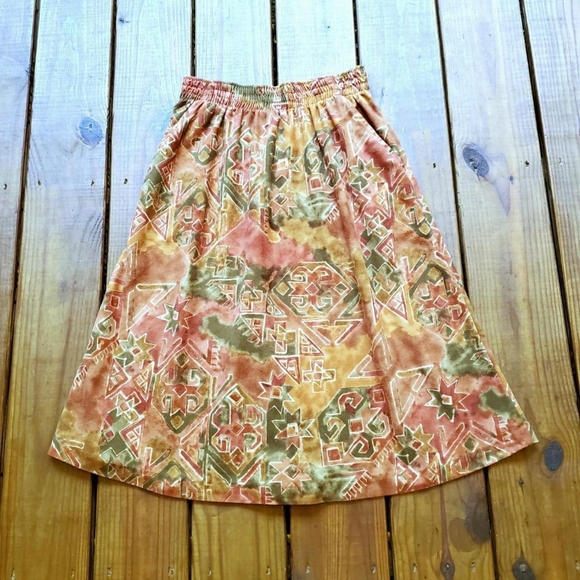 Vintage 80's 90's S/M earthy orange brown green geometric soft midi skirt - Picture 4 of 5